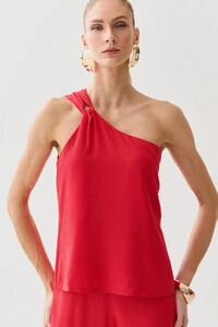 Conjunto de Blusa Regata Assimétrica Um Ombro Só Torcido e Calça Reta