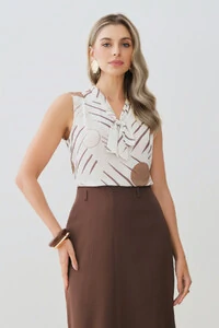 Regata Abstrata Gola Baixa Laço Decote V Ombro Prega