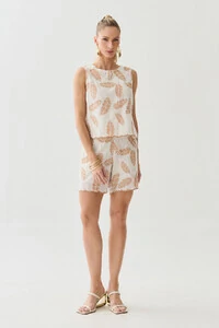 Conjunto de Algodão Bordado Folhagem de Blusa Regata Barrada e Shorts Barrado