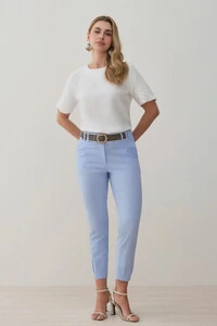 Calça Cigarrete de Linho Pregas Passante Double Cinto Listrado