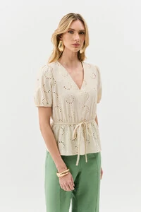 Blusa de Laise de Algodão Manga Bufante Elástico Decote V Cintura Elástico Laço