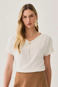 Blusa Manga Morcego Abertura Decote V Prega Gold