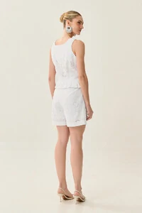 Conjunto de Laise de Algodão de Blusa regata Crop Decote Quadrado Babado e Shorts Pregas Double