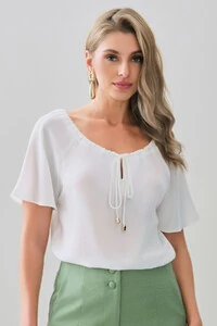 Blusa Manga Raglan Decote Canoa Laço Puxante Ponteira Gold