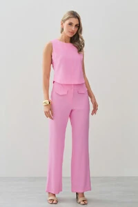 Conjunto de Alfaiataria de Blusa Regata Crop Recorte Calça Reta Aba Botões Forrados Double