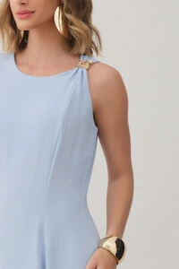 Vestido Midi Evasê Regata Assimétrico Pregas Ombro Esquerdo Gold