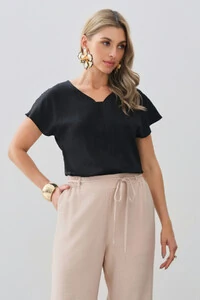 Blusa Manga Morcego Decote V Recorte