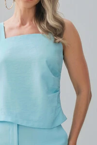 Conjunto de Alfaiataria Blusa de Alça Crop Assimétrica Lateral Franzida e Calça Reta Botão Forrado
