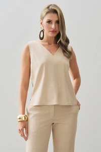 Conjunto de Linho de Blusa Regata Decote V e Calça Reta Botão Forrado
