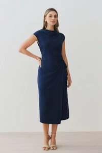 Vestido Midi Regata Transpassado Gola Drapeada Laço Lateral Drapeada