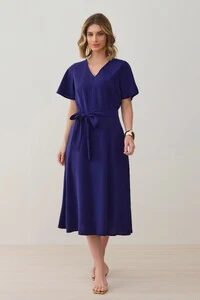 Vestido Midi Evasê Manga Abertura Decote V Cinto