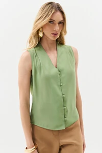 Camisa Regata Decote V Ombro Pregas Double Mini Botões Forrados