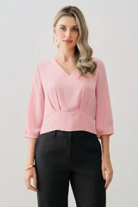 Blusa Crop Manga 3/4 Decote V Cintura Pregas Double