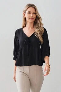 Blusa Manga 3/4 Punho Decote V Laço Recorte Busto