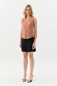 Camisa Regata Decote V Ombro Pregas Double Mini Botões Forrados