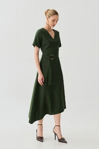 Vestido Midi Evasê Assimétrico Decote V Cinto Gold