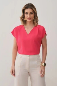 Blusa Manga Morcego Decote V Ombro Pregas Double