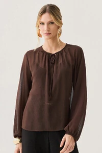 Blusa de Chiffon Yoryu Manga Longa Decote Gota Laço