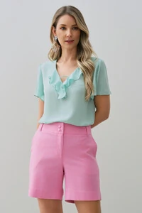 Blusa Manga Evasé Decote V Babado