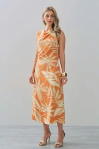 Vestido Midi Regata Assimétrico Drapeado Folhagem Ombro Lateral Franzidos