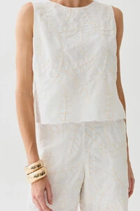 Conjunto de Algodão Bordado Folhagem de Blusa Regata Barrada e Shorts Barrado