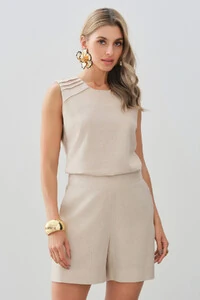 Conjunto de Linho de Blusa Regata Ombro Pregas e Shorts