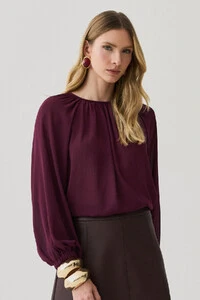 Blusa Assimétrica de Chiffon Yoryu Manga Longa Raglan Ampla Elástico Decote Franzido