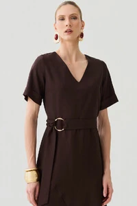 Vestido Midi Evasê Assimétrico Decote V Cinto Gold