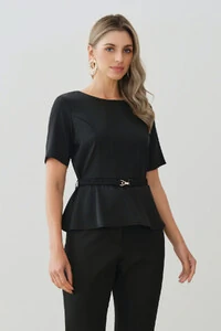 Conjunto de Blusa Crop Peplum Recorte Cinto Gold e Calça Flare Recorte