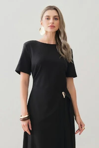 Vestido Midi de Alfaiataria Assimétrico Transpassado Pregas Gold