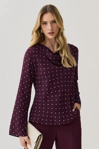 Blusa Poa Manga Longa Evasê Gola Drapeada