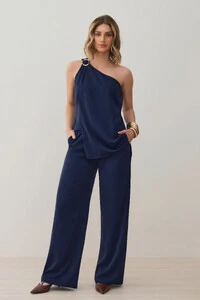 Conjunto de Blusa Regata Dupla Assimétrica Um Ombro Só Gold e Calça Pantalona Elástico