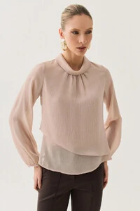 Blusa Dupla Transpassada Assimétrica de Chiffon Yoryu Manga Longa Gola Dobrada