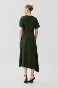 Vestido Midi Evasê Assimétrico Decote V Cinto Gold