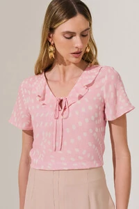 Blusa Poa Decote V Babado Laço