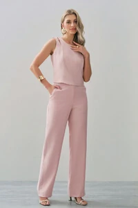 Conjunto de Blusa Regata Crop Ombro Cut Out Recorte e Calça Reta Botão Forrado