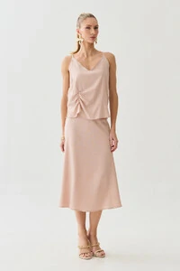 Conjunto de Blusa de Alcinha Assimétrica Decote V Lateral Pregas e Saia Midi Godê