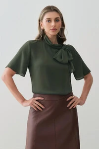 Blusa Assimétrica Gola Dobrada de Laço Ombro Esquerdo Gold Double