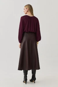 Blusa Assimétrica de Chiffon Yoryu Manga Longa Raglan Ampla Elástico Decote Franzido