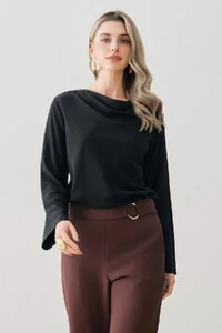 Blusa de Cetim Manga Longa Flare Decote Drapeado