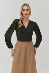 BLUSA MANGA LONGA DECOTE V RECORTES PREGAS OMBRO DOUBLE