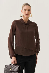 Blusa Dupla Transpassada Assimétrica de Chiffon Yoryu Manga Longa Gola Dobrada