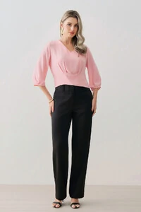 Blusa Crop Manga 3/4 Decote V Cintura Pregas Double