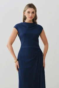 Vestido Midi Regata Transpassado Gola Drapeada Laço Lateral Drapeada