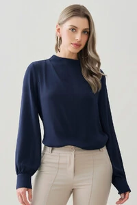 Blusa Assimétrica Manga Longa Punho Double Gola Careca Baixa Ombro Direito Pregas Double