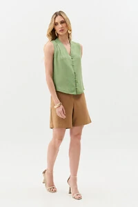 Camisa Regata Decote V Ombro Pregas Double Mini Botões Forrados