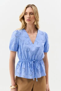 Blusa de Laise de Algodão Manga Bufante Elástico Decote V Cintura Elástico Laço