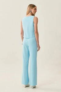 Conjunto de Alfaiataria de Blusa Regata Crop Recorte Calça Reta Aba Botões Forrados Double