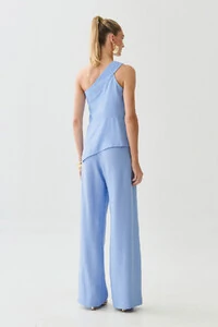 Conjunto de Blusa Regata Assimétrica Um Ombro Só Recorte Cintura e Calça Wide Leg Botão Forrado