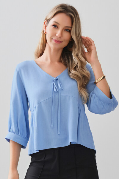 Foto Blusa Manga 3/4 Punho Decote V Laço Recorte Busto